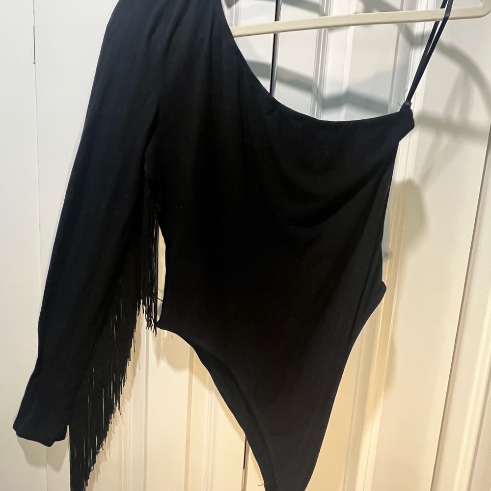 SHEIN Black One-Shoulder Fringe Bodysuit